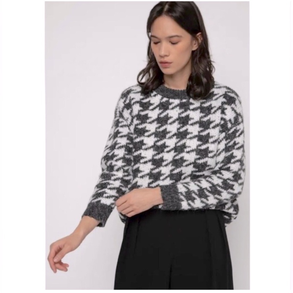 Oak + Fort Grey and White Houndstooth Chunky Wool Blend Crewneck Sweater Size S
